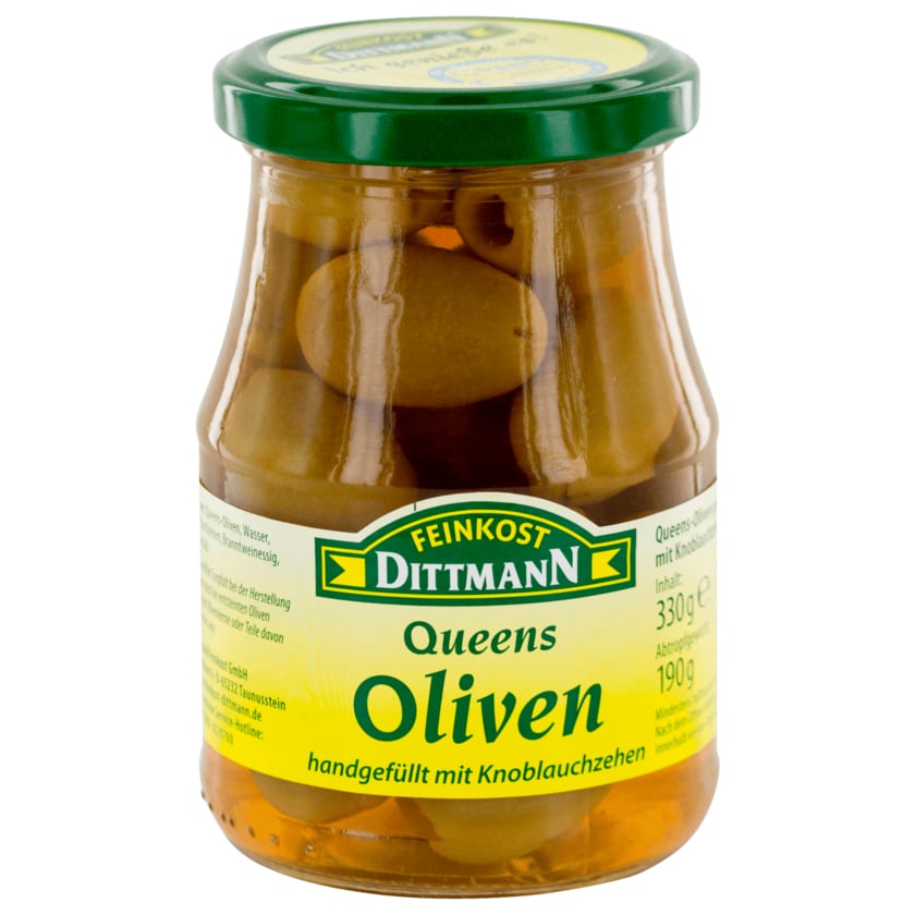 Feinkost Dittmann Queens-Oliven gefüllt mit Knoblauchzehen 190g